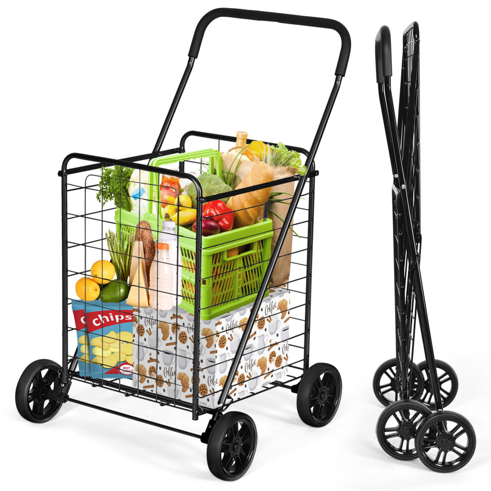 83L Folding Shopping Cart Utility Cart w/ Handle & 4 Wheels Heavy-Duty