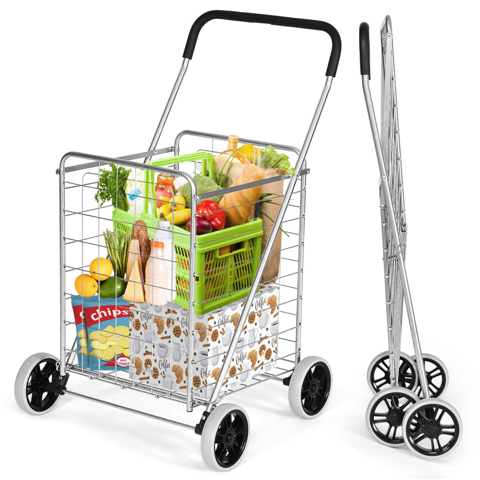 83L Folding Shopping Cart Utility Cart w/ Handle & 4 Wheels Heavy-Duty