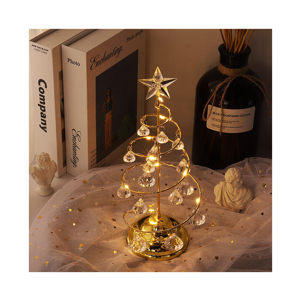 (Gold) Tabletop Metal Christmas Tree Lamp13 Inch Warm White LED Christmas Tree Light with Crystal Ornament for Home Holiday Party Wedding