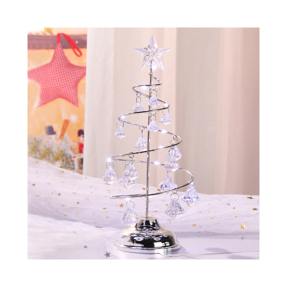 (Silver) Tabletop Metal Christmas Tree Lamp13 Inch Warm White LED Christmas Tree Light with Crystal Ornament for Home Holiday Party Wedding