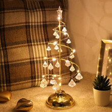 (Gold) Tabletop Metal Christmas Tree Lamp13 Inch Warm White LED Christmas Tree Light with Crystal Ornament for Home Holiday Party Wedding