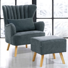 Grey Upholstered Armchair with Footstool and Soft Waist Cushion, High Wingback Armchair with Footrest