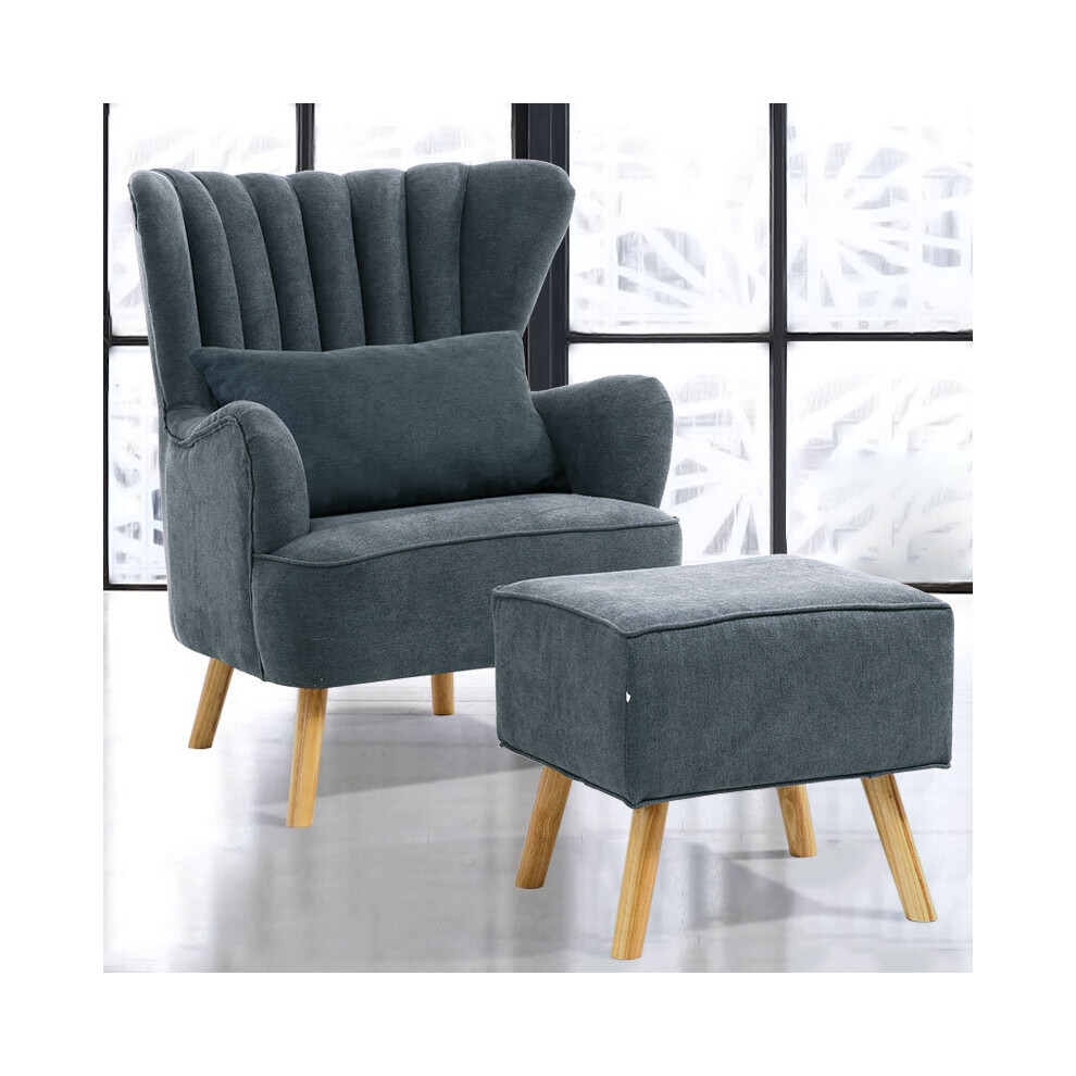 Mid-century Style Grey Faux Wool Upholstered Armchair with Footstool and Soft Waist Cushion, High Wingback Armchair with Footrest