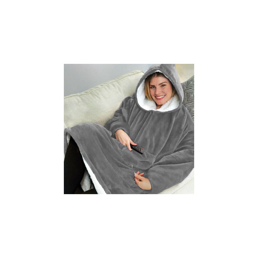 (Grey) Snuggle Mens Womens Thick Oversized Fleece Hoodie Blanket Sweatshirt