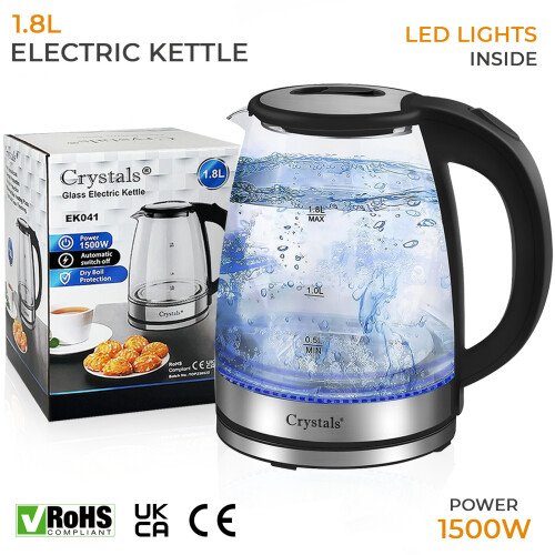 1.8L Electric Kettle Glass 360 Blue LED Illuminated Portable Jug 1500W 1