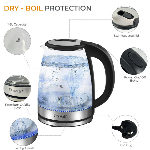 1.8L Electric Kettle Glass 360 Blue LED Illuminated Portable Jug 1500W 2