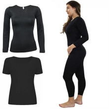 (Short Sleeve Full Set, Large) Ladies Winter Warm Thermal Black Vest Camisole