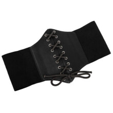 (Black) UK Ladies Waist Cincher Wide Band Elastic Tied Waspie Corset Leather Belt