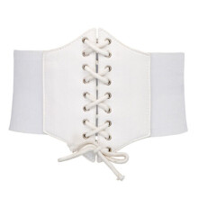 (White) UK Ladies Waist Cincher Wide Band Elastic Tied Waspie Corset Leather Belt