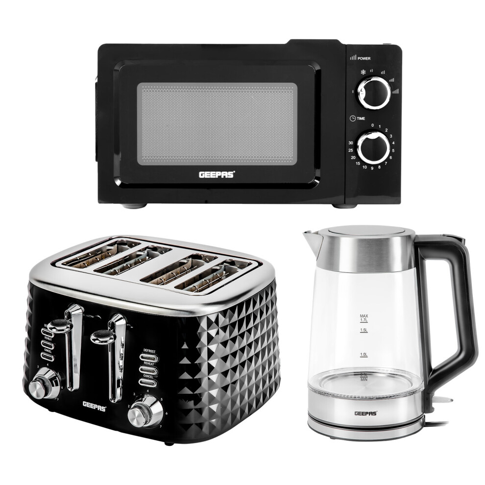 (4 Slice Textured Toaster) Geepas Illuminating Kettle, Toaster and 20L Mini Microwave Oven Set
