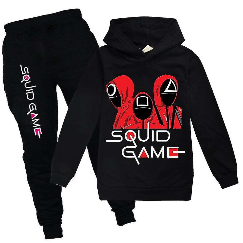 (Black, 13-14 Years) Squid Game Kids Sport Tracksuit Set Hooded Hoodie Pants Outfit Clothes H