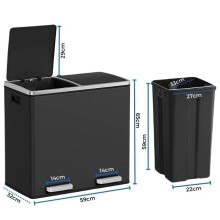 (Black) EVRE 60L Recycling Soft Close Bin 2 x 30L Double Compartment