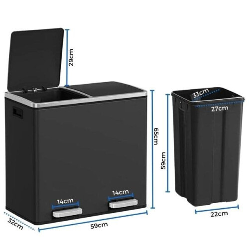 Evre (Black) EVRE 60L Recycling Soft Close Bin 2 x 30L Double Compartment