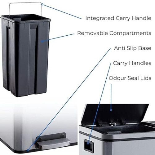 Evre (Silver) EVRE 60L Recycling Soft Close Bin 2 x 30L Double Compartment 2