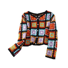 (  Black) Autumn Crochet Sweater Cardigan for Women Long Sleeve Button Knit Coat