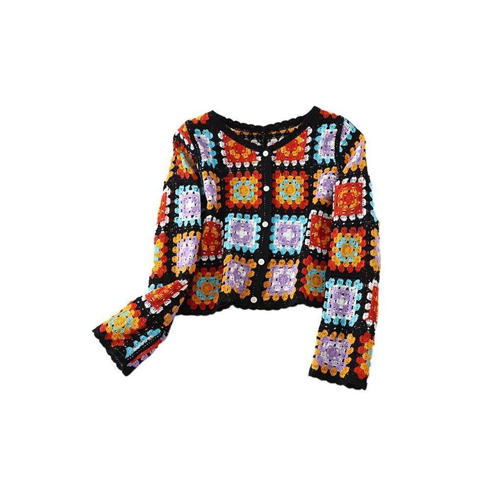 (  Black) Autumn Crochet Sweater Cardigan for Women Long Sleeve Button Knit Coat