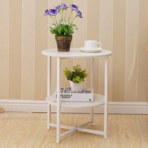 Living And Home (White) Round Side Table 2-Tier Coffee End Table Nightstand Small Shelf Rack Living Room 1