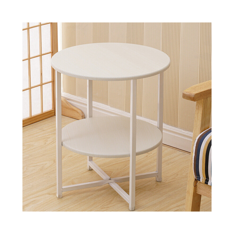 (White) Round Side Table 2-Tier Coffee End Table Nightstand Small Shelf Rack Living Room