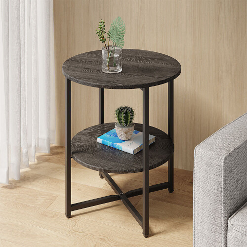 Living And Home (Black) Round Side Table 2-Tier Coffee End Table Nightstand Small Shelf Rack Living Room 1
