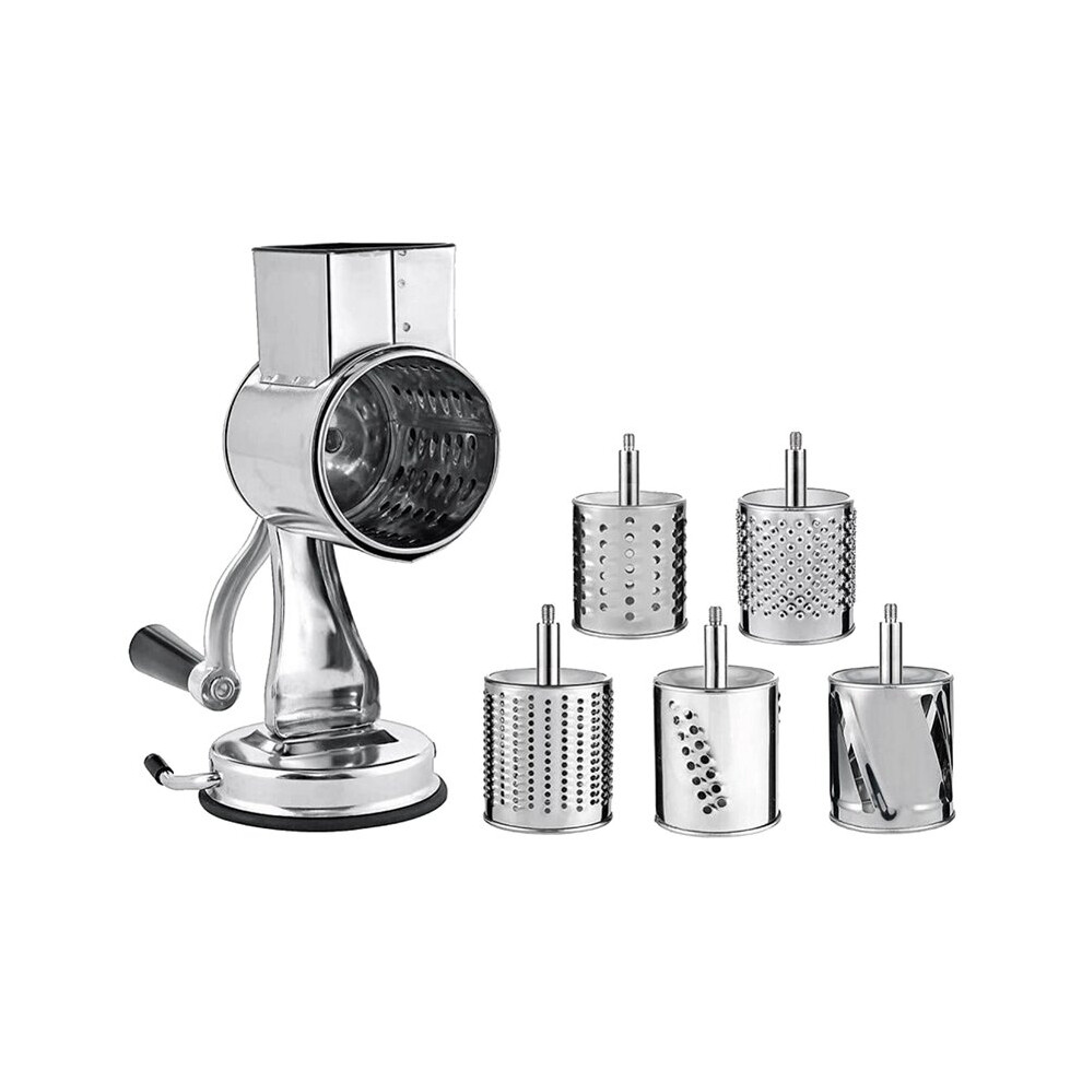 Stainless Steel Cheese Grater with Rotary Chopper - 5 Interchangeable Blades, Multi-Function Grater for Cheese, Vegetables, Nuts & Fruits