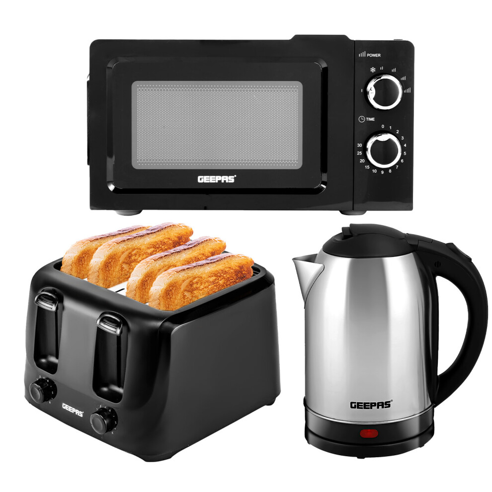 Geepas Jug Kettle 4 Slice Bread Toaster & 20L Microwave Kitchen Set