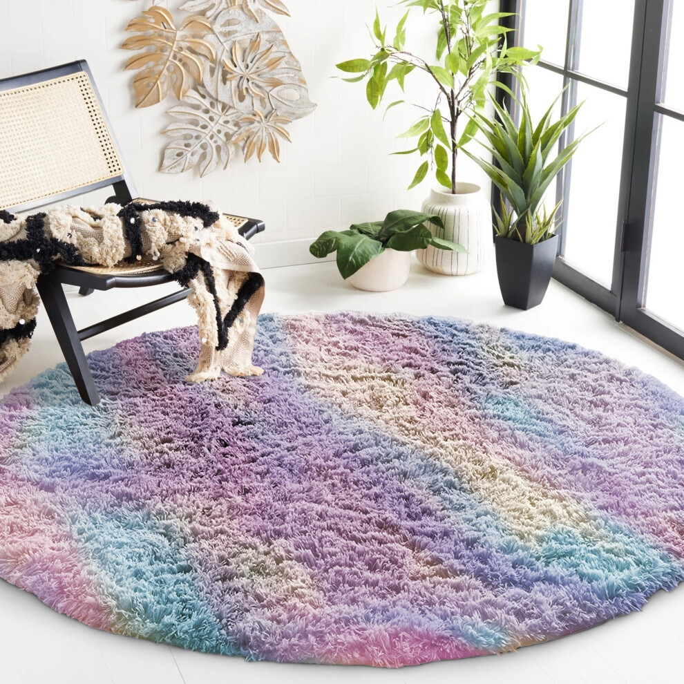 (Rainbow- Circular Round Rugs) 4' Round Rugs Living Room Soft Fluffy Shaggy Carpet