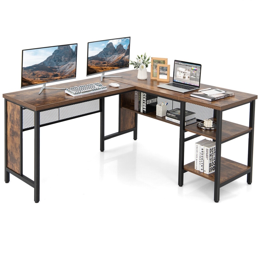 150cm L-shaped Computer Desk w/ 2-Tier Shelves Home Office Corner Desk