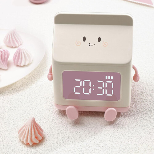 Cute Cartoon Milk Box Alarm Clock Digital Wake Up Clock with Countdown Function, Clear Display for Students (Pink) 1