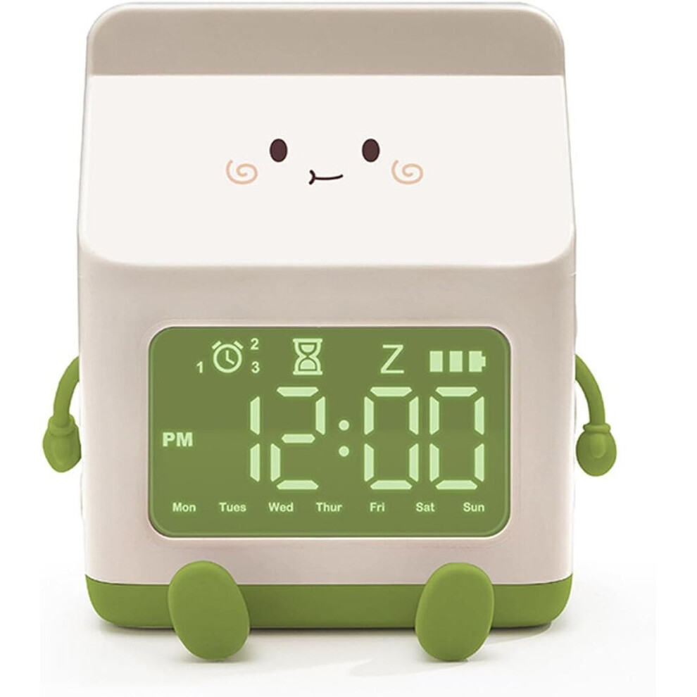 Cute Cartoon Milk Box Alarm Clock Digital Wake Up Clock With Countdown Function, Clear Display For Students (Green) Green Mascot