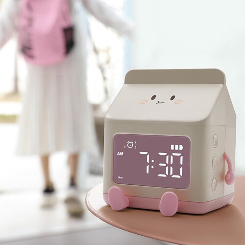 Cute Cartoon Milk Box Alarm Clock Digital Wake Up Clock with Countdown Function, Clear Display for Students (Pink) 2