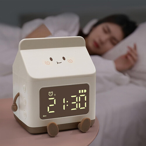 Cute Cartoon Milk Box Alarm Clock Digital Wake Up Clock with Countdown Function, Clear Display for Students (Brown) 1