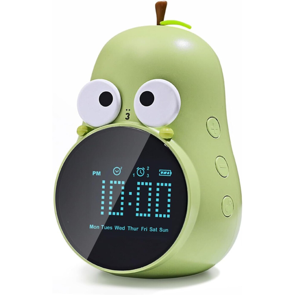 Clock For Kids: Cute Pear Design, Snooze, Triple Alarms, 5 Ringtones- Premium Digital Wake Up Clock For Children's Bedrooms - Rechargeable Mascot