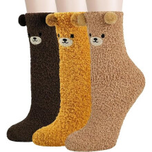 3 Pairs Womens Fuzzy Socks Cozy Winter Warm Fluffy Soft Cute Animal Fuzzy Home Slipper Socks Color:Deep Coffee/Light Coffee/Yellow Size: One Size