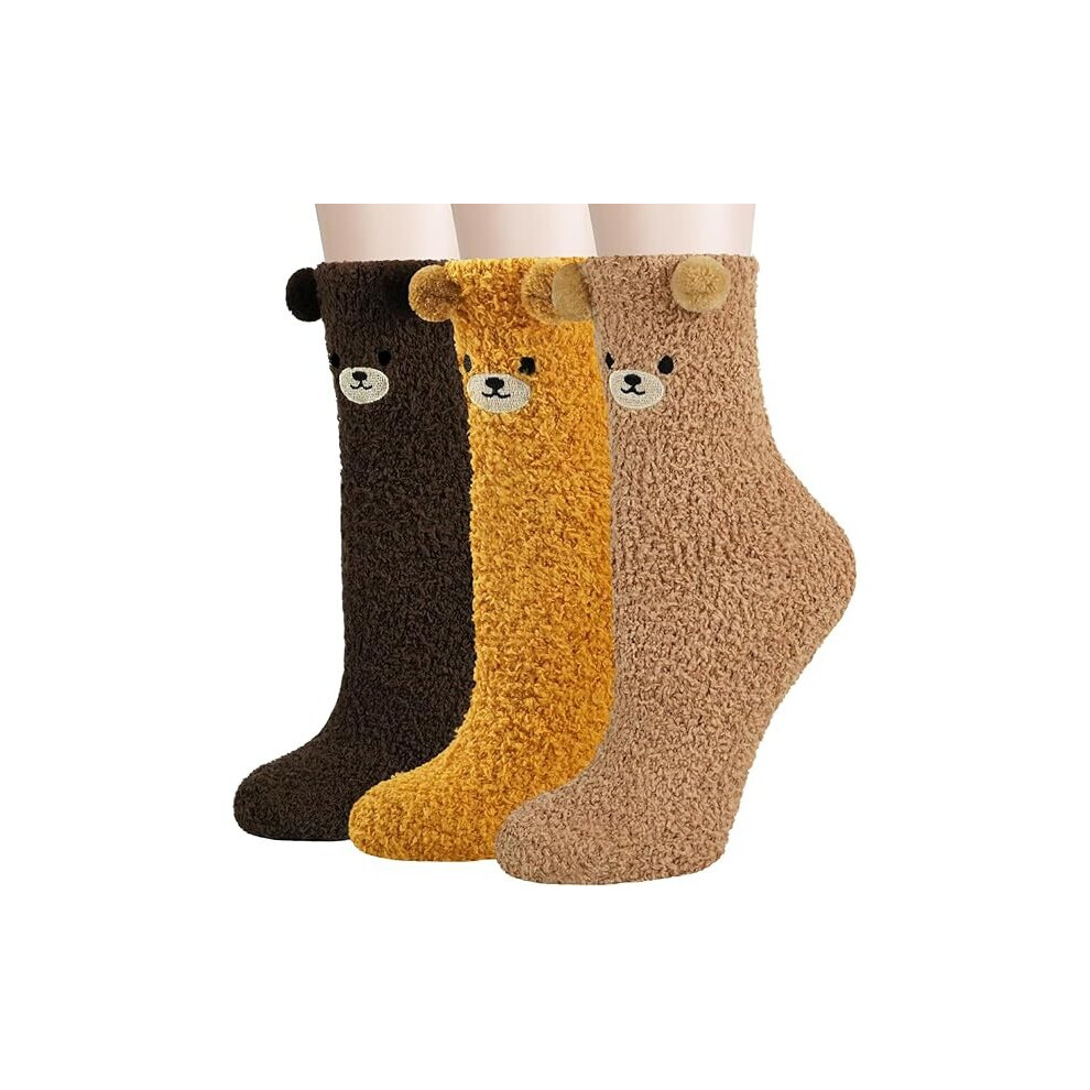 3 Pairs Womens Fuzzy Socks Cozy Winter Warm Fluffy Soft Cute Animal Fuzzy Home Slipper Socks Color:Deep Coffee/Light Coffee/Yellow Size: One Size