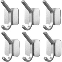 Adhesive Hooks, Heavy Duty Wall Hooks Waterproof Aluminum Hooks for Hanging Coat, Hat, Towel, Robe, Key, Clothes, Closet Hook Wall Mount (6, Silver)