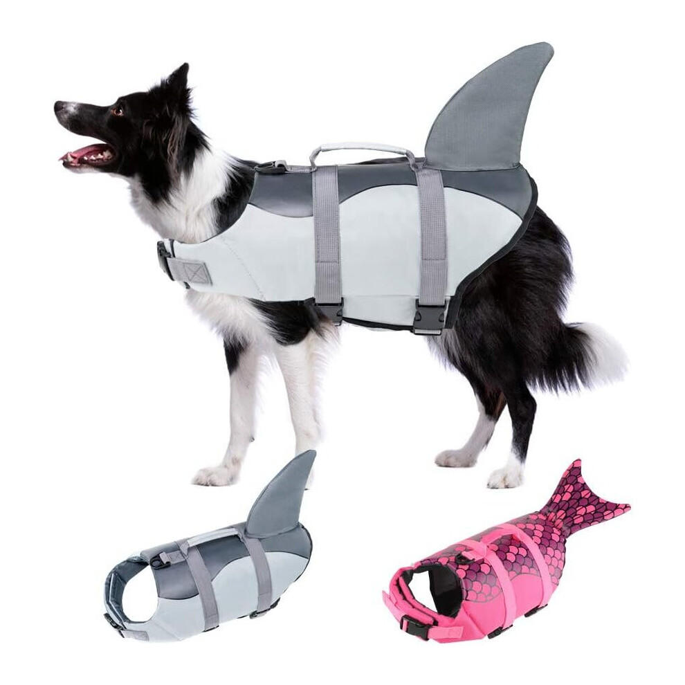 Large Dog Life Jacket, Dog Life Vests for Swimming, Float Coat Swimsuits Flotation Device Life Preserver-Silver grey size L