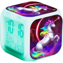 Night Light Bedside Alarm Clocks with 4 Sided Unicorn Pattern&9 Kinds of LED Glowing Wake Up Gifts for Room Decor Kids Girls Bedroom