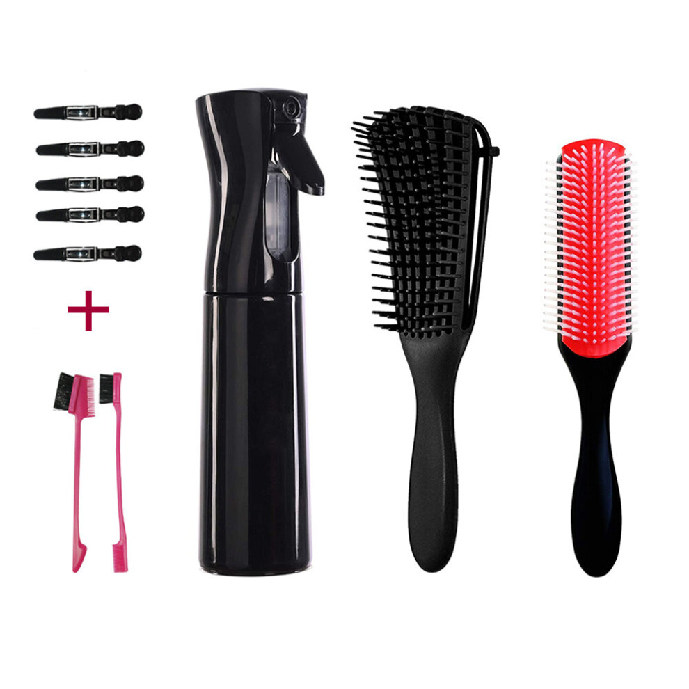 Tianfu Black Hair Spray Bottle Set, 9 Rows Of Cushioned Nylon Bristles + Smoothing Brush Continuous Spray Bottle Water Sprayer (300Ml And 10Oz, ).