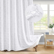 White Boho Fabric Shower Curtain with Tufted, Modern Farmhouse Cloth Shower Curtains for Luxury Bathroom Decor,72 x 72