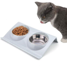 Stainless Steel Double Cat Bowl, Small Dog Bowl, Double Pet Bowl, Cat Double Bowl-Blue