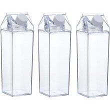 3 Pack Milk Carton Water Bottle Clear Square Milk Bottles Plastic Leak proof Cup