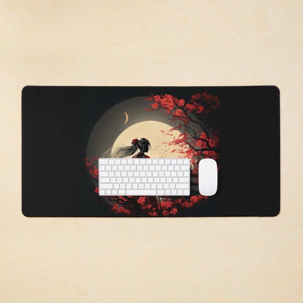 Desk Mat Japanese Samurai Girl And Vintage Sakura Cherry Blossom- Japanese Samurai Culture Scenery Vintage Large Gaming Mouse Pad 35X16 Inch 7802738327830