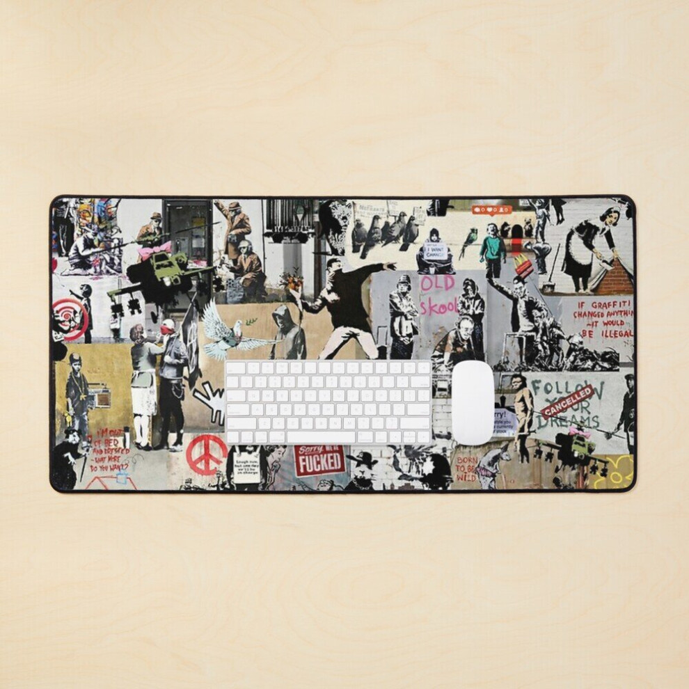 Desk Mat Banksy Collage Large Gaming Mouse Pad 35X16 Inch 7802738358261