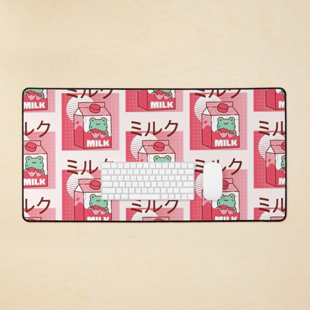 Desk Mat Strawberry Milk Kawaii Frog Aesthetic Milk Large Gaming Mouse Pad 35X16 Inch 7802738407778