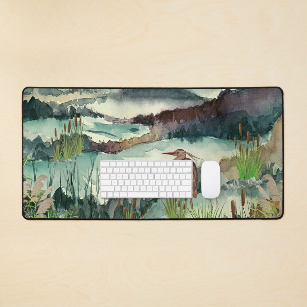 Desk Mat Great Wild Heron - Misty Mountain Pond Watercolor Artwork Large Gaming Mouse Pad 35X16 Inch 7802738394788