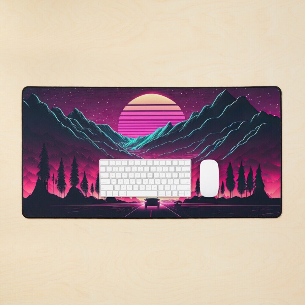 Desk Mat Neon Horizons: A Synthwave Mountain Drive Large Gaming Mouse Pad 35X16 Inch 7802738327953