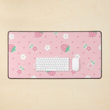 Desk Mat Strawberries Pink Flowers Dots Kawaii Cute Pastel Large Gaming Mouse Pad 35x16 inch