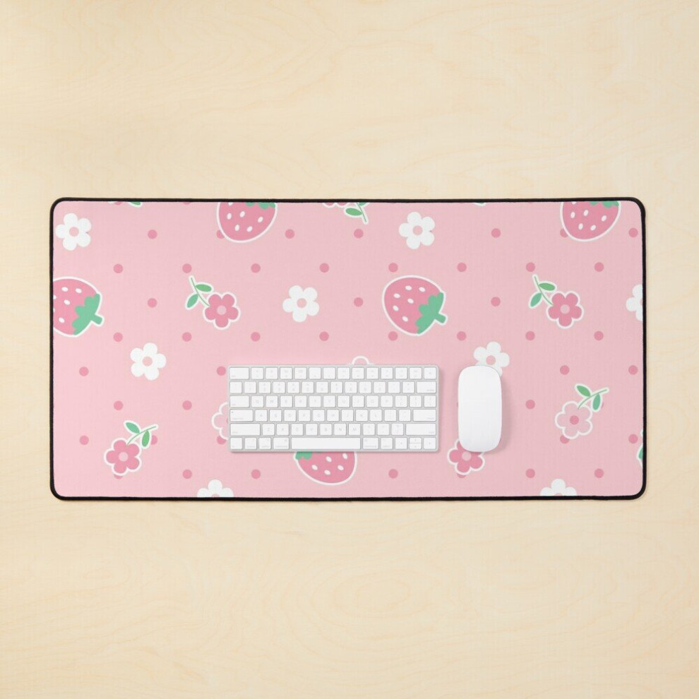 Bearlad Desk Mat Strawberries Pink Flowers Dots Kawaii Cute Pastel Large Gaming Mouse Pad 35X16 Inch