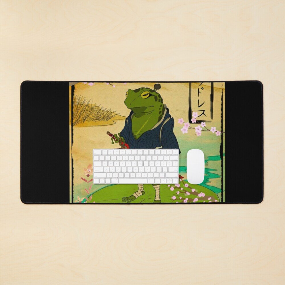 Desk Mat Frog Standing Peaceful Meditating Frog Japanese Blossoms Large Gaming Mouse Pad 35X16 Inch 7802738328004