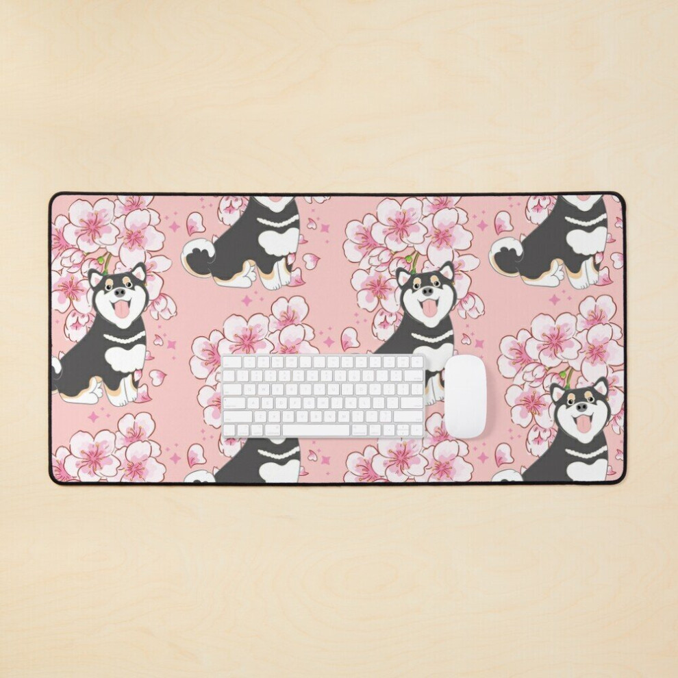 Desk Mat Tan Shiba Inu Cherry Blossom Large Gaming Mouse Pad 35X16 Inch Black 7802738368505